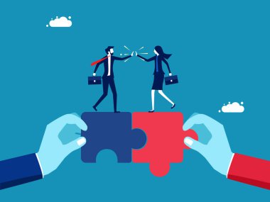 Birlik. İş adamları yapboz yapmak için birlikte çalışıyorlar. vektör