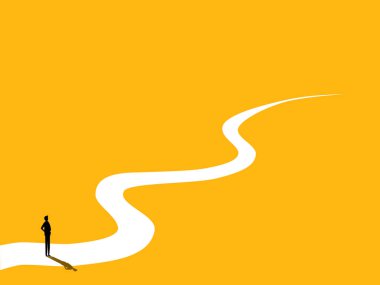 Hava durumu, iş hedefi. Uzun, dolambaçlı bir yolda duran bir iş adamı. vektör