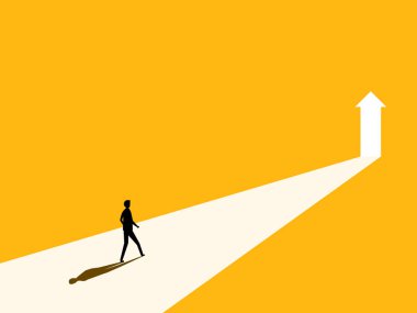 Yeni bir büyüme. İşadamı kapıdan çıkar ve ok büyür. vektör