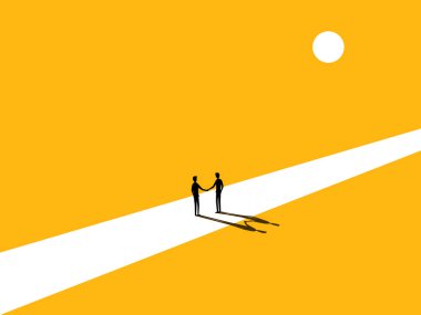 Yarı yolda anlaştık. Yolun ortasında iki işadamı el sıkışıyor. vektör