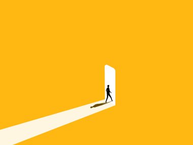 İş fırsatı, kariyer başarısı. Cesur iş adamı aydınlık kapıdan içeri girer. vektör