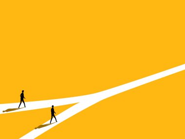 Aynı yere. İki iş adamı iş fırsatları için aynı yolda yürür. vektör