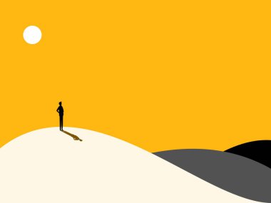 Beklenti. Dağın tepesindeki iş adamı uzaklığa bakıyor. vektör illüstrasyonu