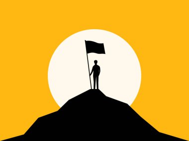 İş başarısı. Dağın zirvesinde zafer bayrağı taşıyan bir iş adamı. vektör