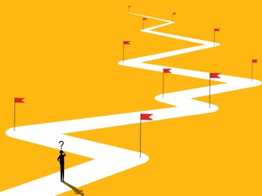 İşadamı kırmızı bayraklı, uzun yollu ve fethedilecek hedefleri olan yolda. vektör