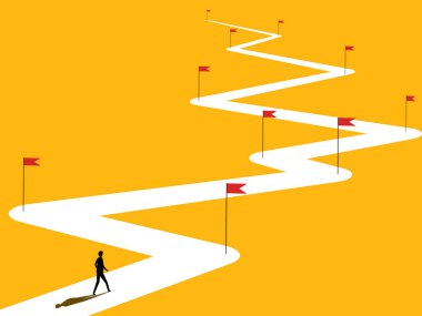 Amaç fethetmek, iş adamı zafer bayrağıyla yolda, karmaşık bir yol. vektör