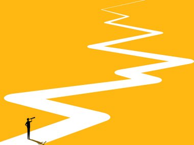 Vizyon, kariyer yolu ve yatırım. Karmaşık ve uzun vadeli bir yolda iş adamları. vektör