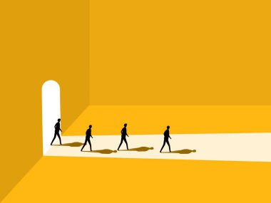 Fırsat, hedefler, ilham. Bir grup işadamı kapıdan içeri giriyor. vektör