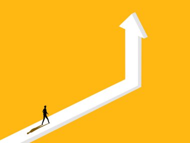 Yeni gelişmeler, hırs. İşadamı büyüyen okun üzerinde yürüyor. vektör