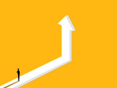 Kararlılık. Büyüyen okun üzerinde kendine güvenen bir iş adamı. vektör