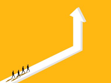 Yeni gelişmeler, hırs. Takım İşadamı büyüyen okun üzerinde yürüyor. vektör