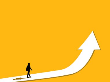 İlerleme, yeteneğini geliştir. İşadamı gelişen ok boyunca yürür. vektör