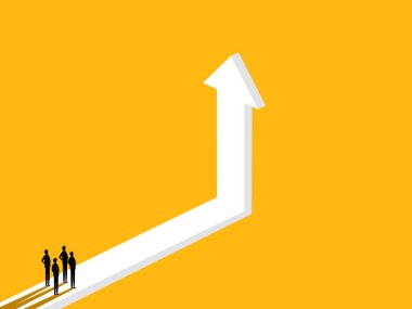 Yeni bir büyüme keşfet. Yukarıya bakan bir ok üzerinde iş adamı takımı. vektör