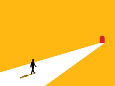 Kariyer fırsatı. İş adamı önemli kapıya doğru yürür. vektör