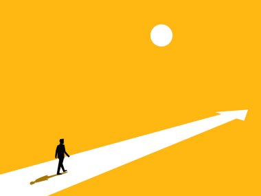 Kariyer ilerlemesi. Kendine güvenen işadamı ok yolunda yürüyor. vektör