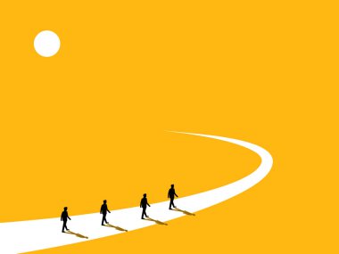 İş dönüm noktası. İş adamı takımı son virajda yürüyor. vektör