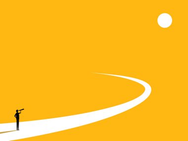 Geleceği tahmin etmek. Yolun son virajında teleskopa bakan bir iş adamı. Vektör