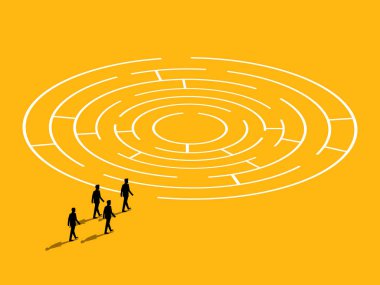 İş adamı ekibi labirent bulmacasını çözer. vektör