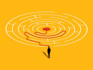 Kararları ver ve başarıyı bul. İşadamı bir labirent vektörünü çözdü