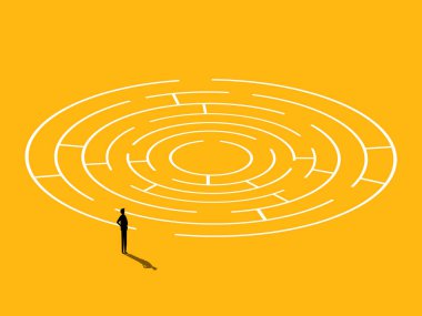 Fikirler bul. İşadamı bir labirent vektörünü çözdü