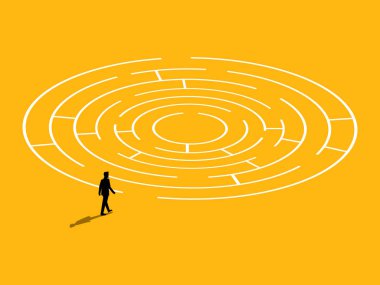 İş çözümleri. Bir labirent vektörünün girişinde iş adamı veya girişimci