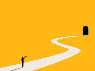 Uzun yol. Fırsat Kapısını Görmek İçin Teleskop Kullanan İşadamı. vektör