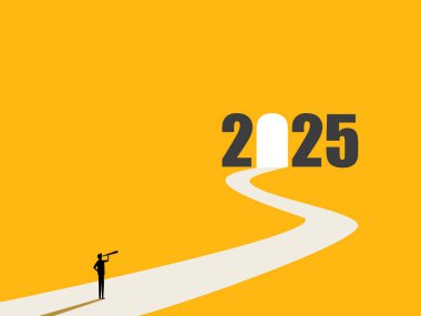 Fırsat Kapısı 2025 'i görmek için Teleskop kullanan İşadamı.