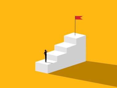 Kariyer ilerlemesi. İşadamı merdivenlerde ve kırmızı zafer bayrağı taşıyıcısı