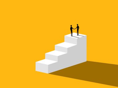 Başarılı bir iş birliği. İş adamları merdiven vektöründe el sıkışıyor.