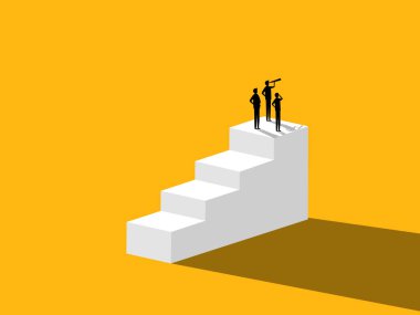 Geliştirme ve Araştırma, Yeni Fırsatlar Bulma. Ekip Merdiven Vektörünün Üzerinde Düşünüyor ve Karar Veriyor.