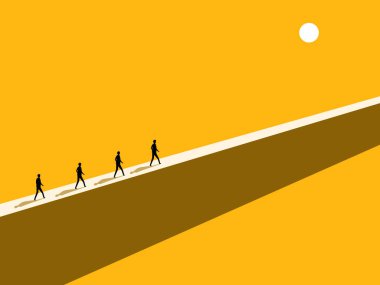 Riskli ve zor bir iş yolu. Duvarda ya da dar bir yol vektöründe yürüyen bir grup işadamı