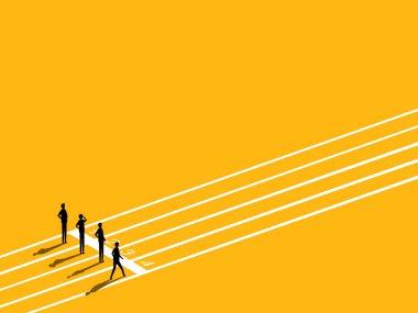 İş rekabeti. Bir grup motive olmuş iş adamı başlamaya hazırlanıyor.