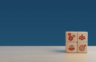 Başarı ve iş hedefleri için işbirliği, koordinasyon, takım çalışması ve hedef belirleme simgeleri