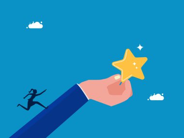 Başarı ya da başarıya şükret. İş kadını dev elde yıldıza doğru koşuyor.