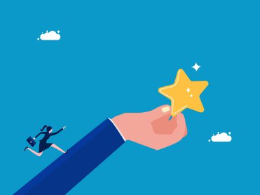 Tezahürat başarısı ya da başarı. İş kadını dev elde yıldıza doğru koşuyor.