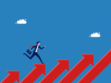 Gelişim konsepti. Adım adım büyüyen okun üzerinde koşan bir işadamı