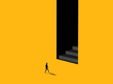 Hırs, yeni kariyer fırsatı. İş adamı kapıdaki merdivenlere gider.