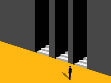 İlham. İşadamı doğru kapıyı seçiyor.