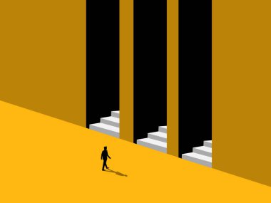 Planlama ve strateji. İşadamı doğru kapıyı seçiyor.