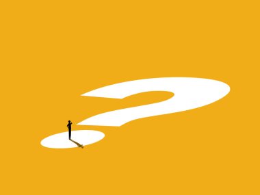 Sorunlar ve belirsizlik. İş adamı soru işaretinin üzerinde duruyor