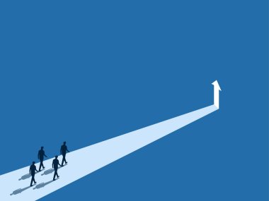 Başarılı olmak için birlikte çalışalım. İş adamlarından oluşan bir ekip büyümek için okla kapıya doğru yürür.