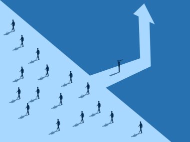 Farklı iş yolları. İş adamı iş fırsatları için farklı bir yol seçer.