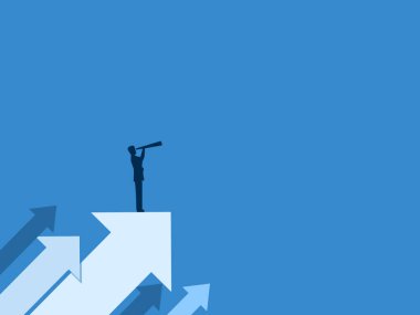 İş Vizyonu, elinde dürbün tutan adam başarıya giden bir okun üzerinde duruyor.