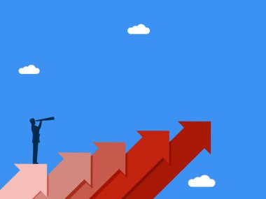 Başarılı olmak için merdivenlerde dürbünle duran bir iş adamı.