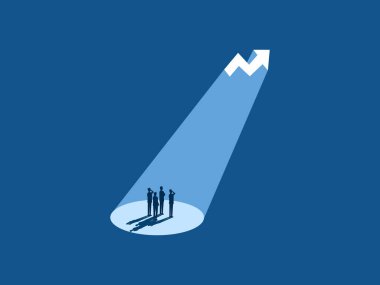 Grafik analizi, iş adamı ekibi parlayan bir dalgalanma ve büyüme tablosuna bakıyor.