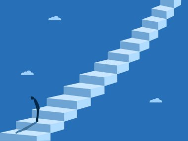 Gelişme, iş adamı uzun bir merdiven tırmandı