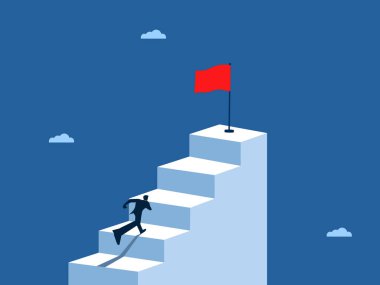 Geliştirme, Hırs, İşadamı, Başarı bayrağını kapmak için merdivenlerden koşuyor