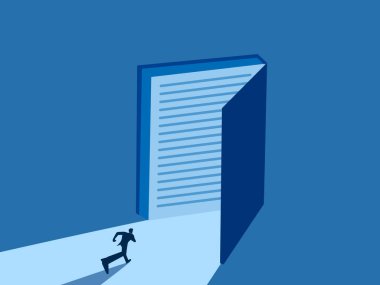 Bilgiye yatırım yap, iş adamı açık bir kitapla yolda koşuyor.