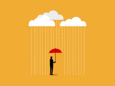 Insurance, Protection, Safety, Businessman holding a red umbrella in the rain