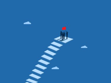 Goal achieved,Businessman team holds the flag together on the stairs to victory